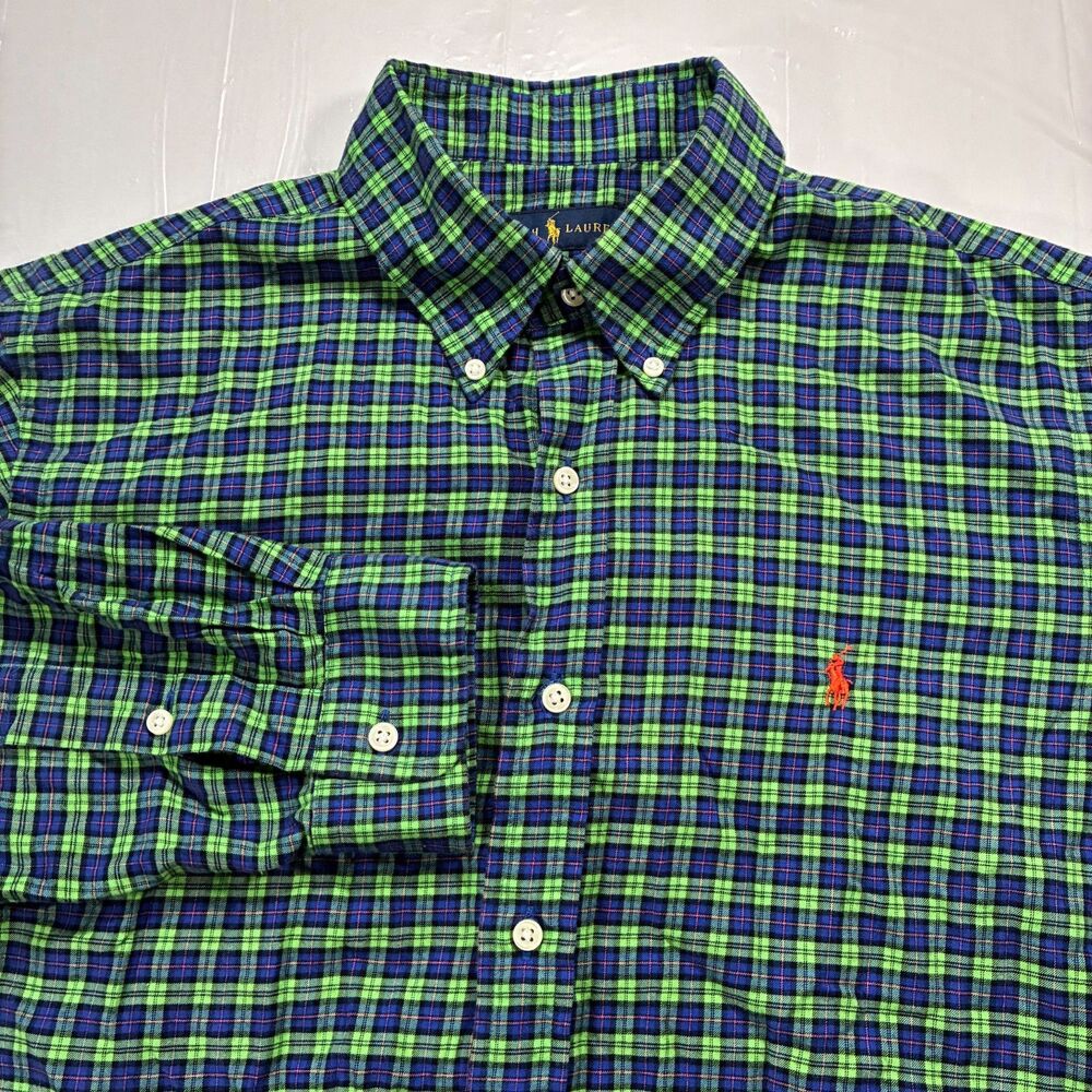 Polo Ralph Lauren Shirt Mens Large Green Blue Check Long Sleeve Button Down